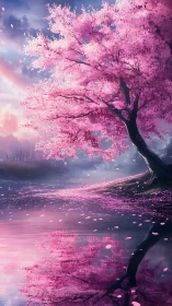 Blossom-laden dream tree leans to whisper over mirrored water