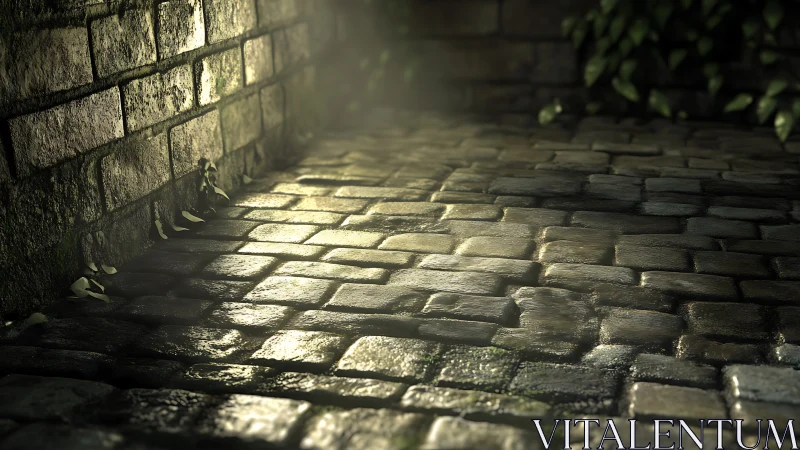 Moody wet cobblestone alley with soft golden backlight.