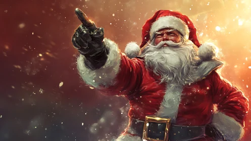Santa Claus points skyward amid glowing winter light