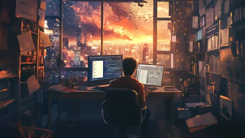 Programmer at dual monitors in city office during sunset.