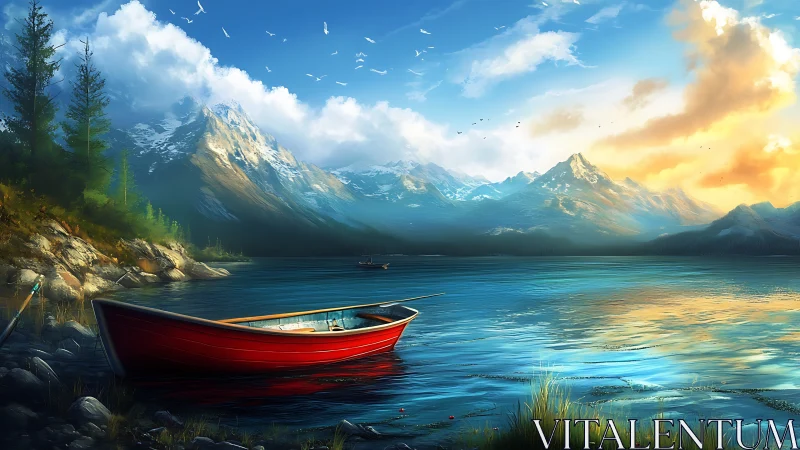 Red rowboat rests on tranquil alpine lake at sunrise