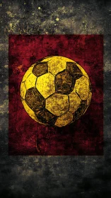 Grunge textured yellow soccer ball on dark red field.