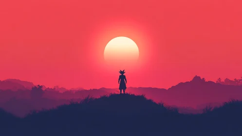 Soft sunset sky welcomes a lone adventurer on the hill