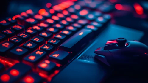 Glowing gaming keyboard and mouse in cozy neon light.
