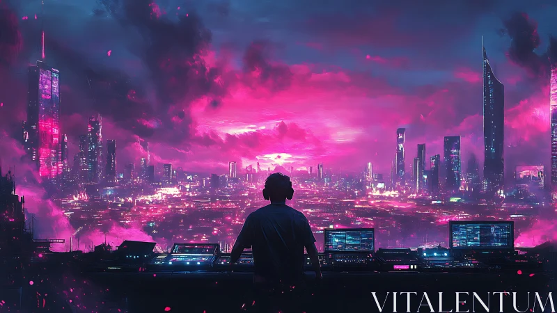 DJ overlooks neon cyberpunk city skyline at glowing sunset