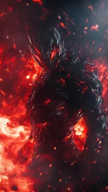 Shadowed fire spirit walking through swirling embers.