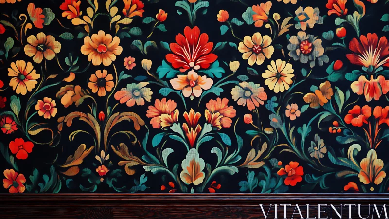Bold floral wall mural with rich dark background pattern.