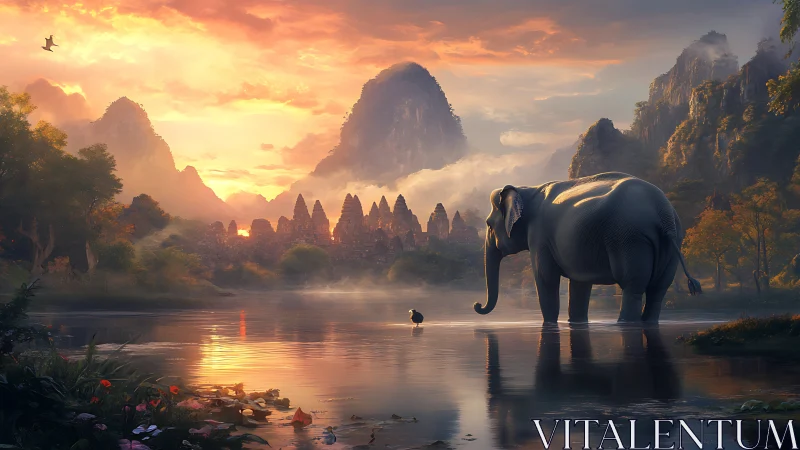 Elephant in reflective river before misty temple valley at sunset