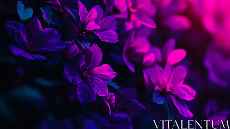 Neon violet petals glow against deep indigo shadow field