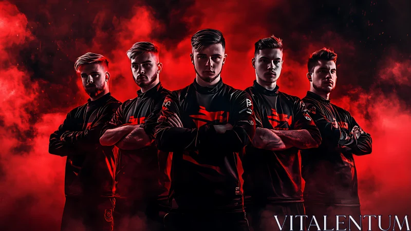 Five esports players stand in red smoke with crossed arms