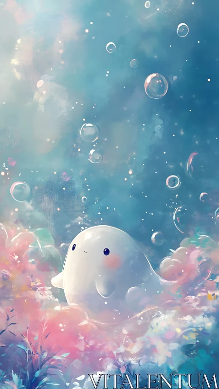 Adorable pastel sea spirit floats through dreamy bubble sky