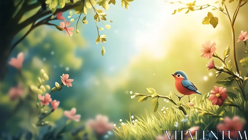 Songbird rests amid glowing spring blooms in soft light.