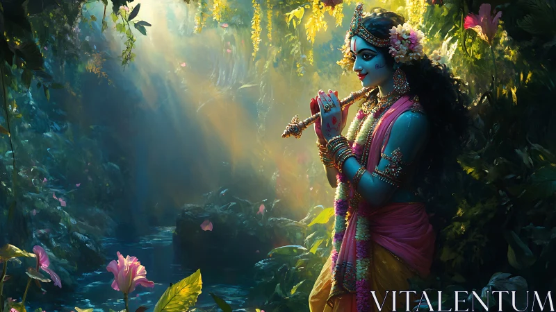 Blue-skinned deity plays flute amid lush forest light.