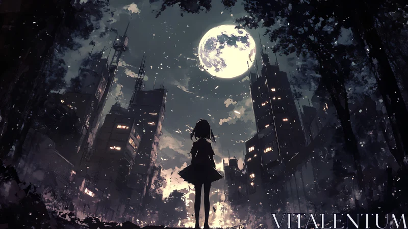 Girl silhouetted under full moon in dark futuristic city