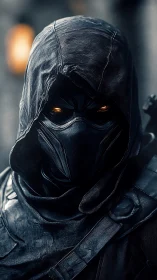 Stealth assassin in dark hood with glowing ember eyes.