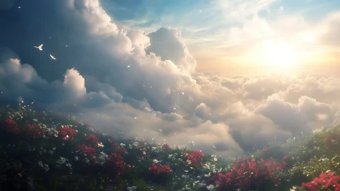 Sunlit cloud meadow where wildflowers kiss the sky.