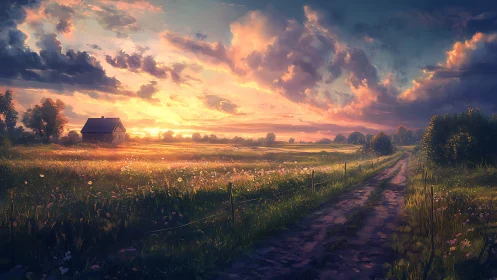 Sunlit country field and dirt road under dramatic clouds