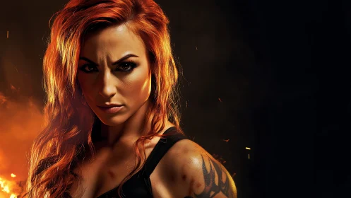 Fiery warrior woman stands strong against a dark backdrop