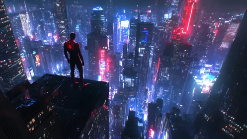 Lone superhero stands over neon cyberpunk night cityscape.