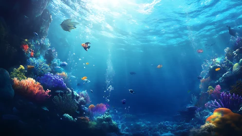 Coral confetti kingdom where sunbeams waltz with reef fish.