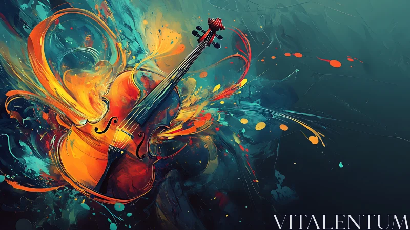 Violin explodes through swirling neon abstract color storm.