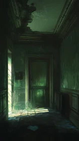 Soft green light drifts into a quiet, decaying hallway