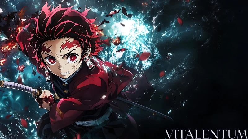 Dynamic anime swordsman lunges through turbulent aqueous energy