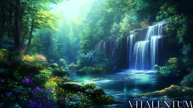 Cascading Waterfall Forest Sanctuary with Luminous Emerald Canopy.