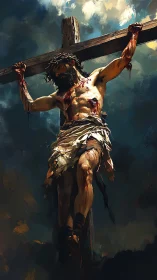 Crucified male figure on wooden cross under clouded sky.