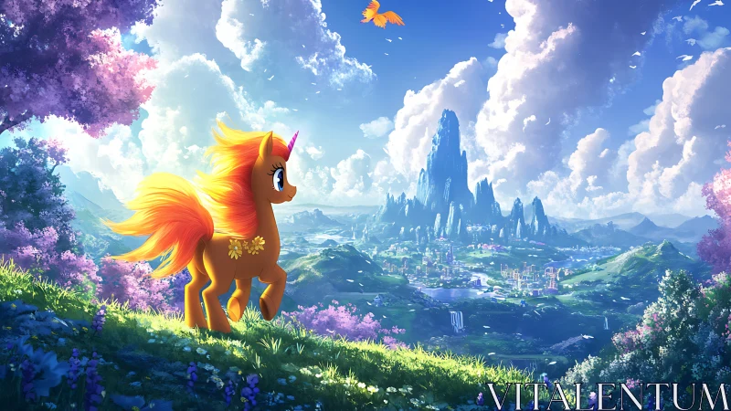 Orange unicorn pony overlooking bright fantasy valley.