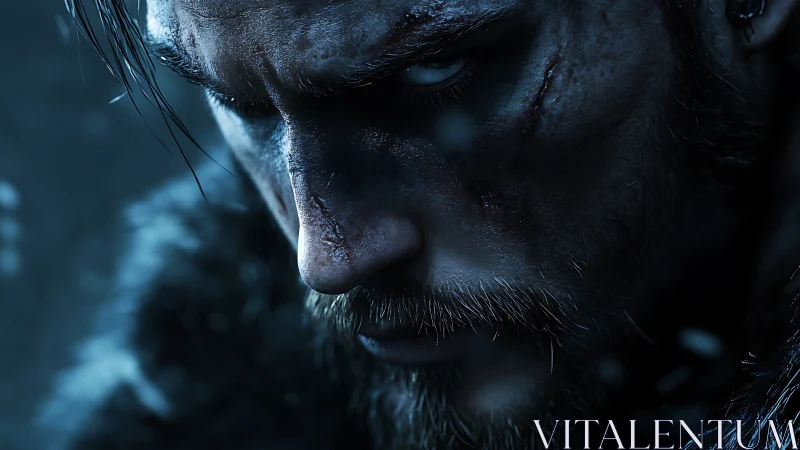 Photorealistic warrior close-up with dramatic low-key lighting.