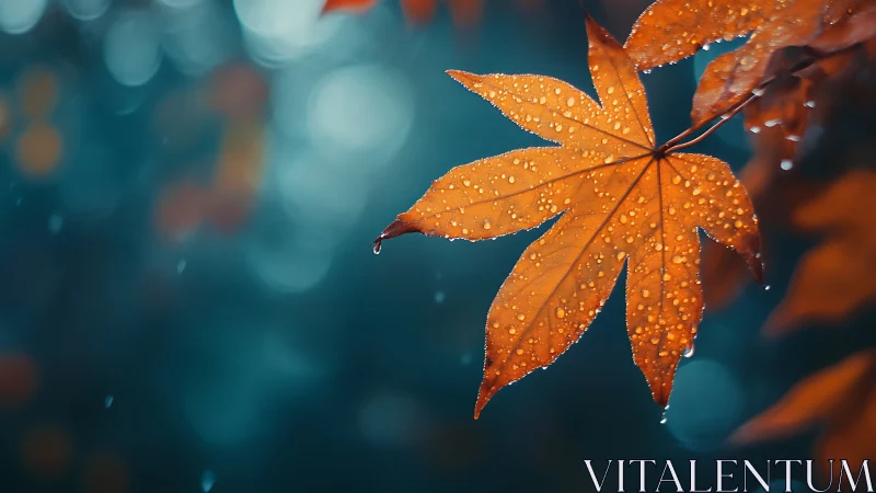 Luminous maple leaf with raindrops against teal bokeh sky.