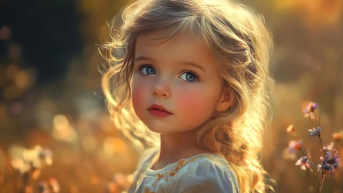 Young Girl with Golden Hair in Sunlit Field Setting