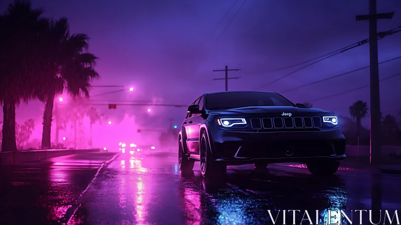Jeep SUV on wet neon street under purple night sky.