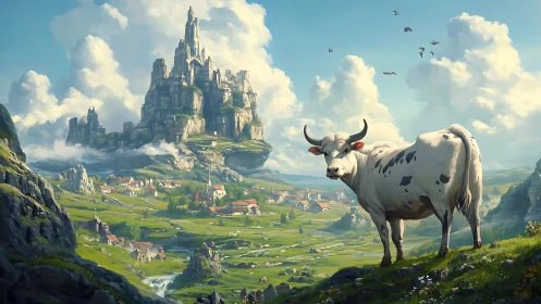 White cow in foreground overlooking clustered cliff citadel.