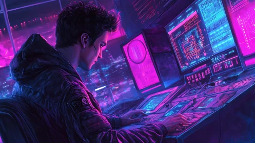 Neon city hacker focuses on glowing cyber control screens