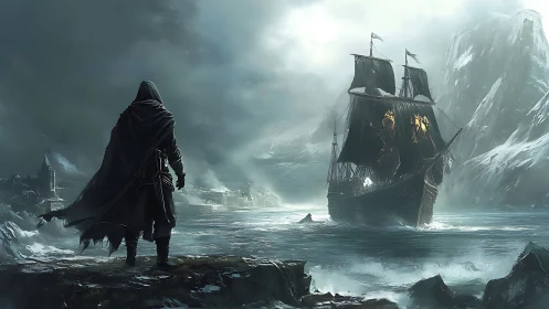 Cloaked rogue surveys warship in stormy glacial fjord tableau