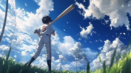 Young batter dreaming big under a wide summer sky.