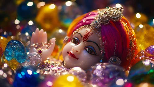Divine doll portrait glows amid jeweled bokeh lights.
