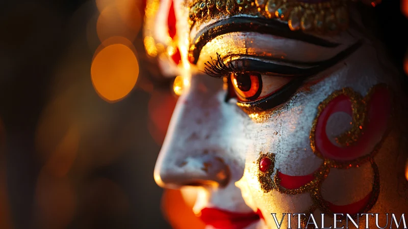 Side-lit painted deity face sculpture shows surface detail