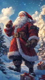 Santa in snowy alpine landscape with dynamic atmospheric lighting