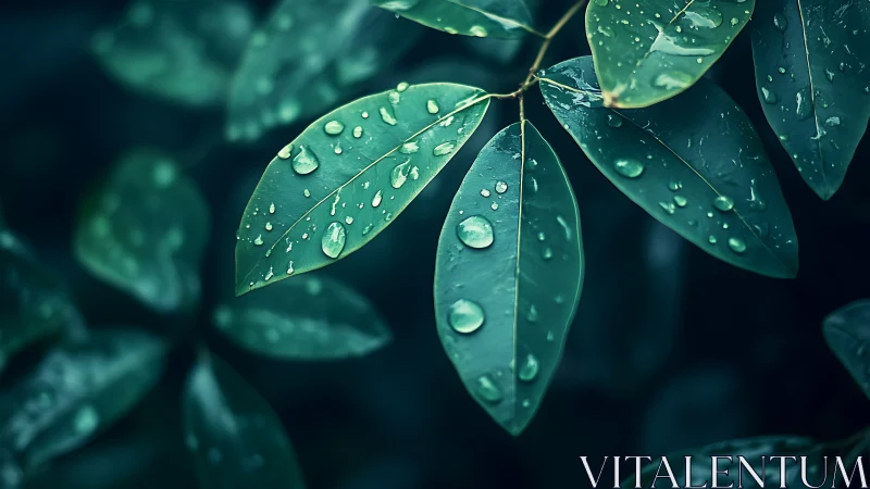 Green leaves with raindrops in soft natural focus.