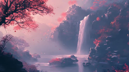 Ethereal waterfall cascades through a pink autumn valley.