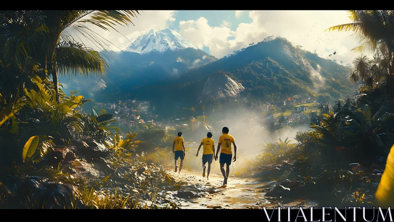 Digital painting of youth football trek in misty tropics.