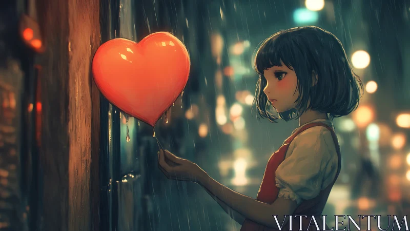 Girl in rainlit city holds melting red heart balloon.