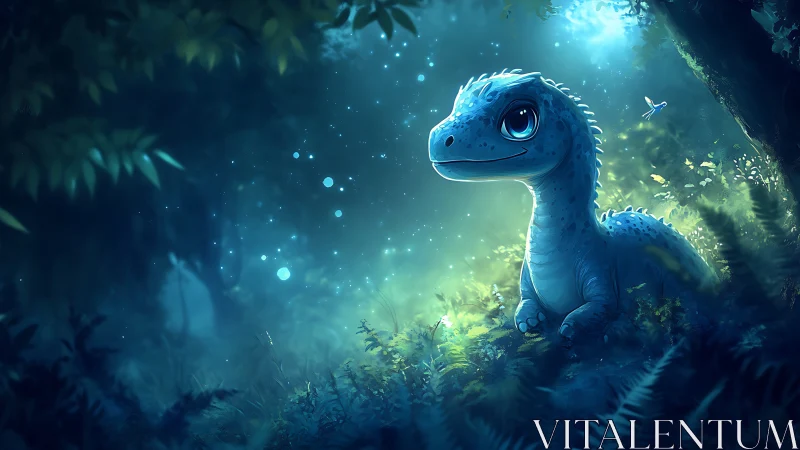 Blue cartoon dinosaur sits in glowing forest clearing at night