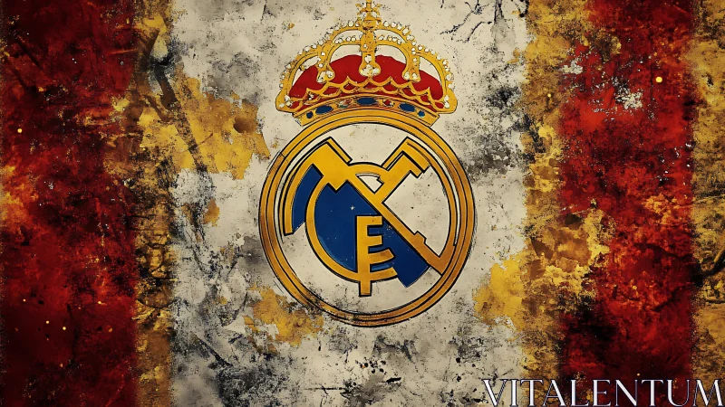 Real Madrid style crest centered on distressed tricolor background