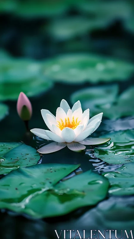 Serene white water lily glowing over deep teal pond.