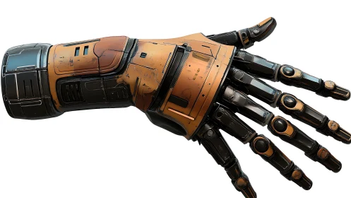 Weathered orange-black robotic hand with articulated finger actuators