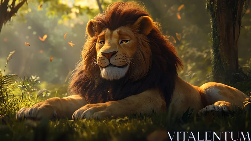 Digital painting of regal lion in dappled forest light.